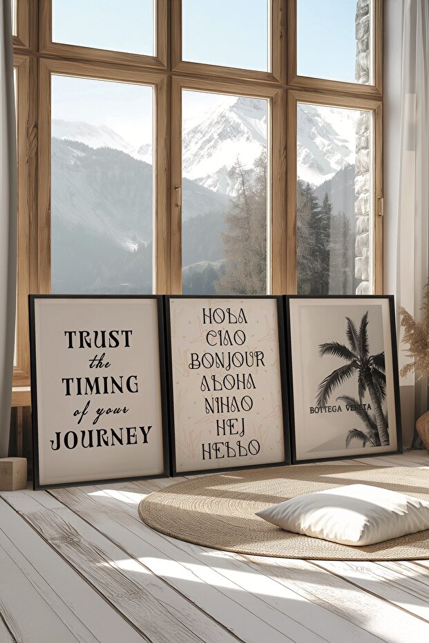 Siyah Tablo Seti, 3 Adet Siyah Çerçeveli Poster Trust the Timing Model No:300810, Siyah ve Beyaz Dek - 2