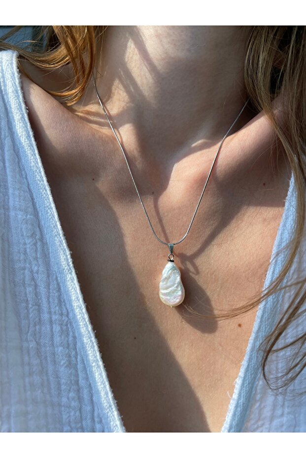 Gerçek İnci Uçlu Silver Çelik Kolye - 2