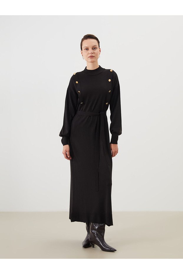 Peak New Season Stand Collar Belted Knitwear Dress