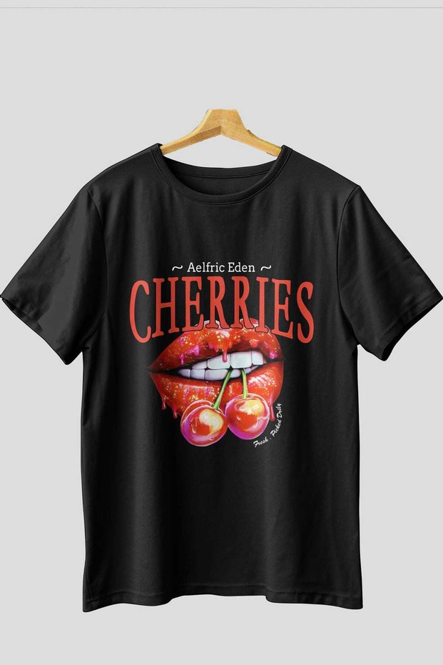 Cherry Cherries 3 Front Printed Black Oversized T-Shirt Men Women Cotton Crew Neck Tshirt
