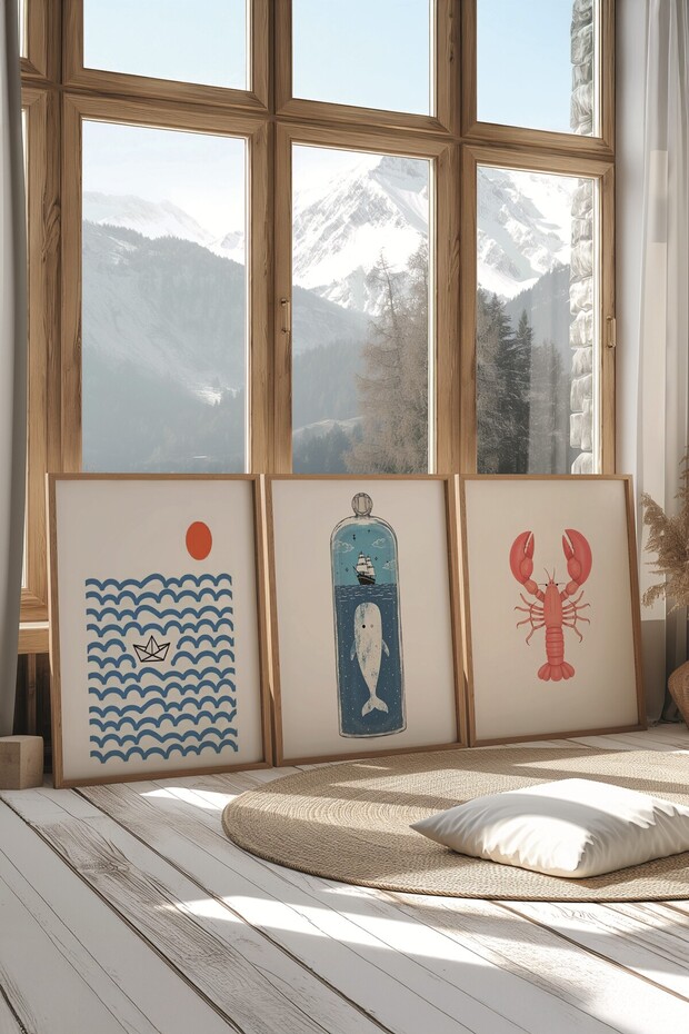 Ahşap Tablo Seti, 3 Adet Ahşap Çerçeveli Poster Sea Icons Model No:300831, Mavi Duvar Dekoru - 2