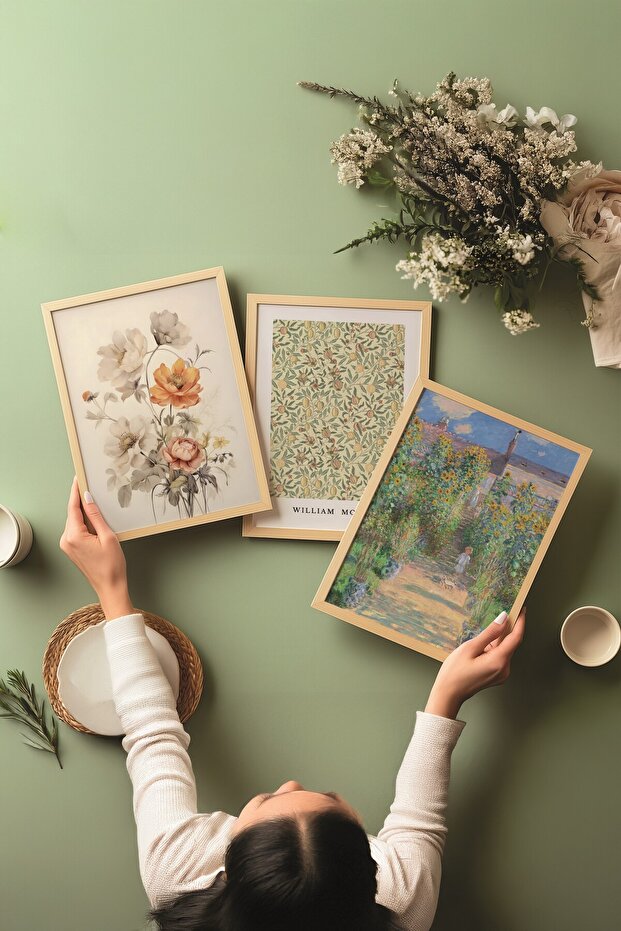 Ahşap Tablo Seti, 3 Adet Ahşap Çerçeveli Poster Monet-Morris Model No:300886, Renkli Duvar Dekoru - 3