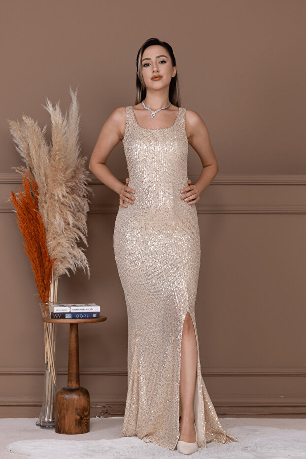 Sequin Sequin Thick Strap Fish Evening Dress - Gold