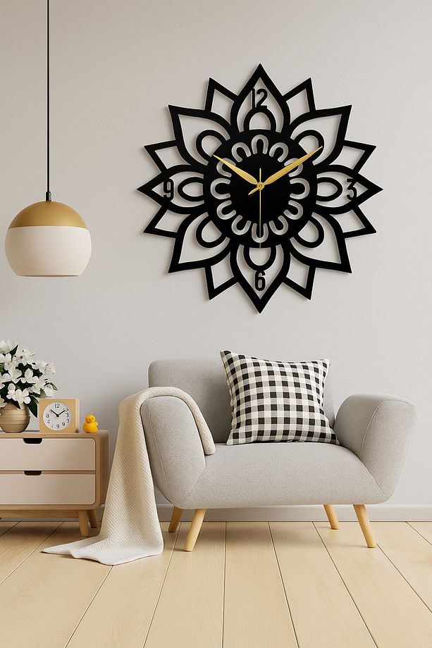 Modern Çiçek Desenli Siyah Metal Duvar Saati – Şık ve Minimalist Tasarım - 1