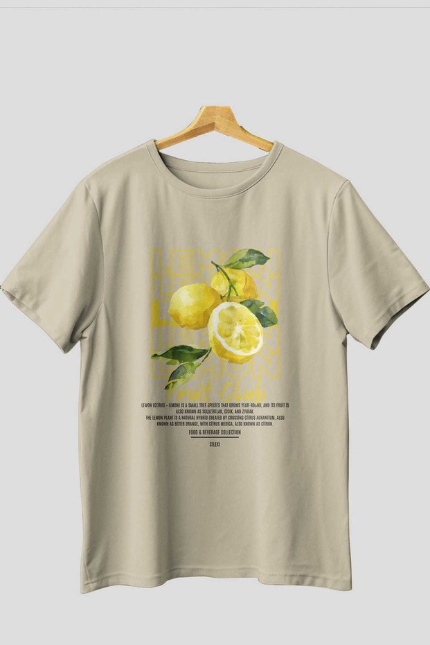 Lemon Front Printed Beige Oversize T-Shirt Men Women Cotton Crew Neck T-Shirt