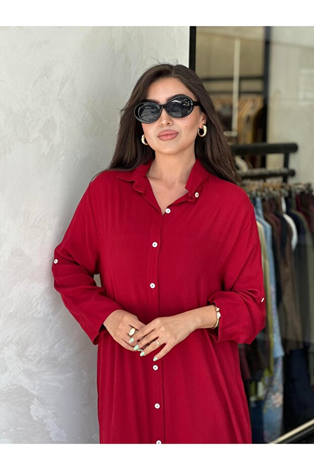 فستان قميص أساسي طويل بأزرار باللون الأحمر - 3