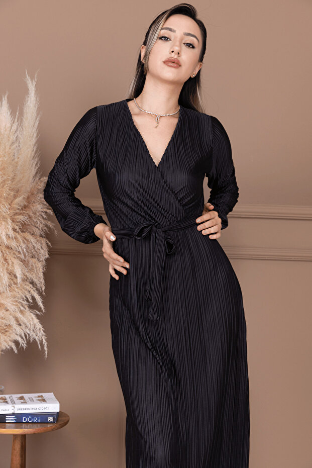 Rochie lungă cu pliuri și curea - NEGRU - 3