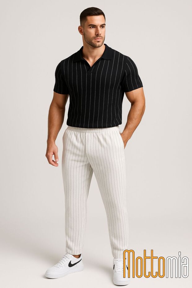 Men's Striped Black Polo Neck Oversize Waffle Fit Tshirt (T-Shirt)