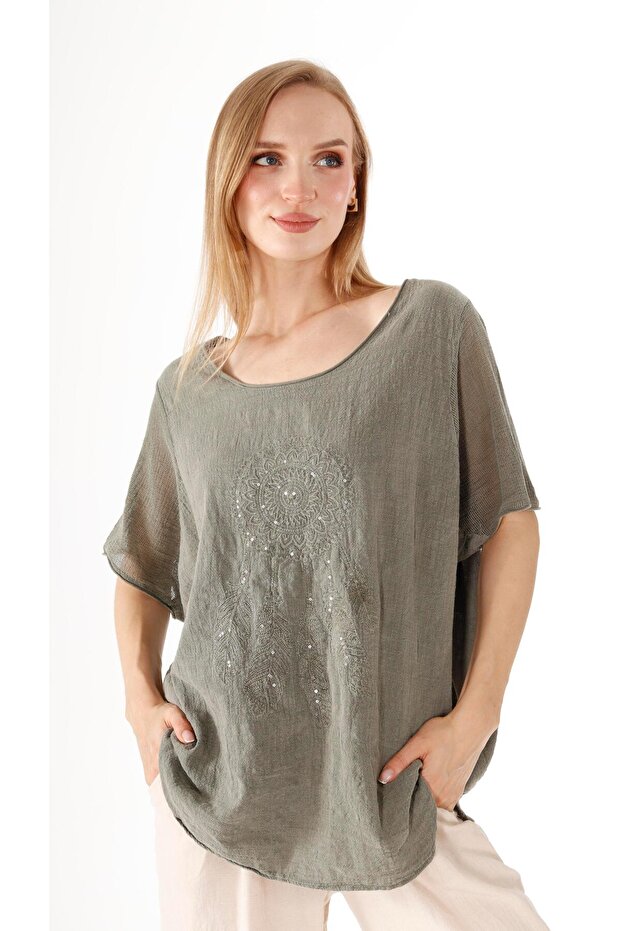 Payetli Nakışlı Keten Bluz - 3