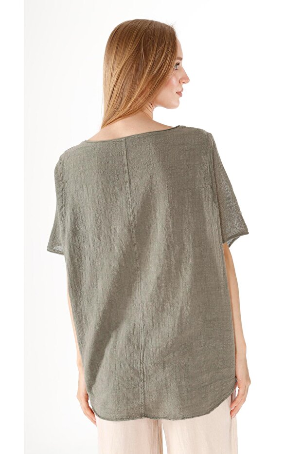 Payetli Nakışlı Keten Bluz - 4