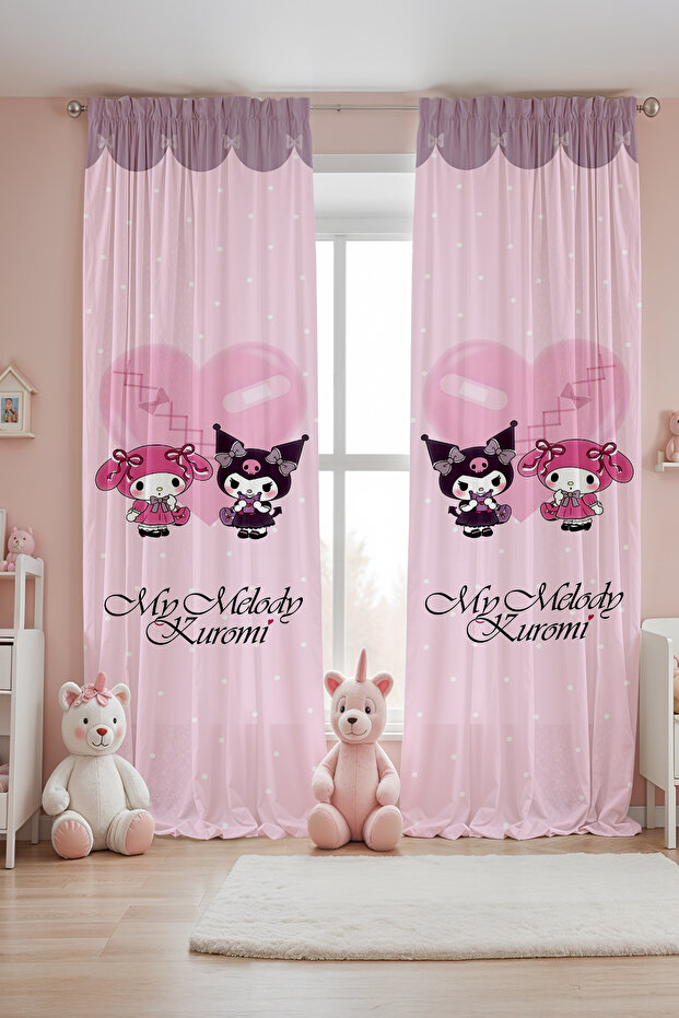 Pink Polka Dot My Melody and Kuromi Patterned Children's Baby Room Background Curtain (Single Wing Pricing)