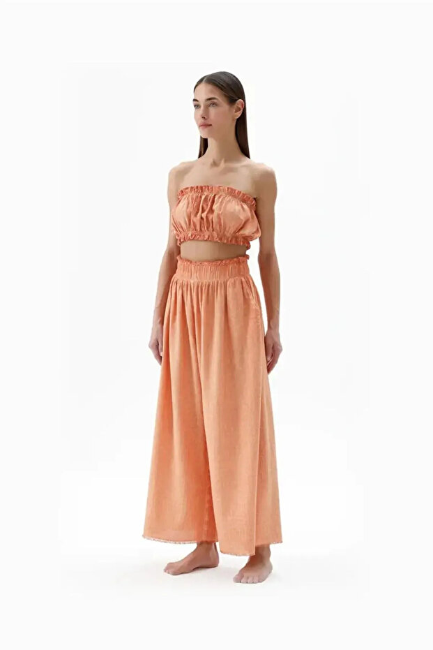 Ikikiz Linen Orange Palazzo Trousers