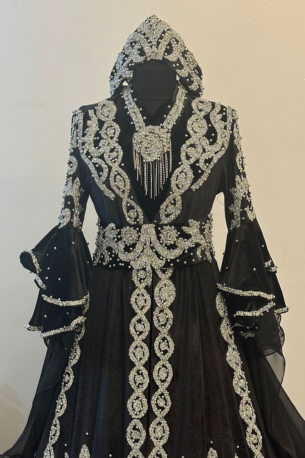 Tesettür Bindallı Kaftan Kadife Gelin Kına Gecesi Elbisesi Bindallı Tacı, Kemer, Kolye, Tarlatan Set - 5