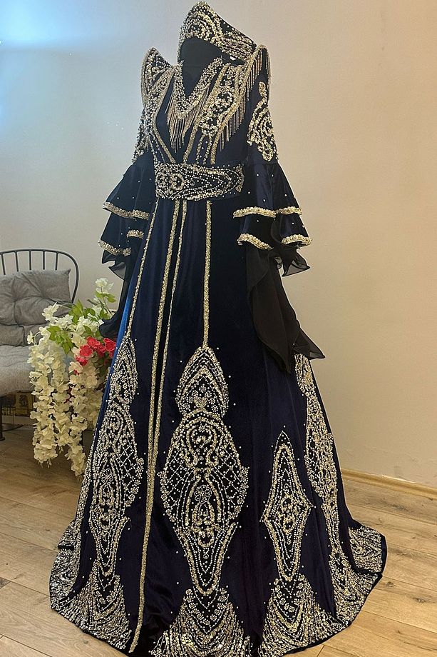 Tesettür Bindallı Kaftan Kadife Gelin Kına Gecesi Elbisesi Bindallı Tacı, Kemer, Kolye, Tarlatan Set - 4