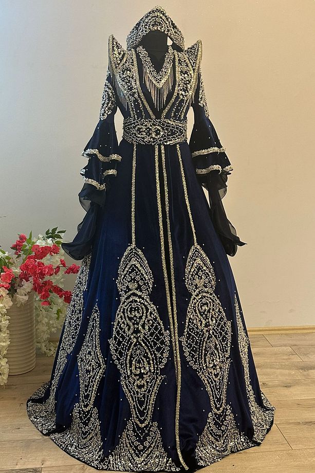 Tesettür Bindallı Kaftan Kadife Gelin Kına Gecesi Elbisesi Bindallı Tacı, Kemer, Kolye, Tarlatan Set - 1