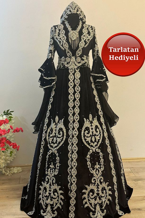 Tesettür Bindallı Kaftan Kadife Gelin Kına Gecesi Elbisesi Bindallı Tacı, Kemer, Kolye, Tarlatan Set - 7