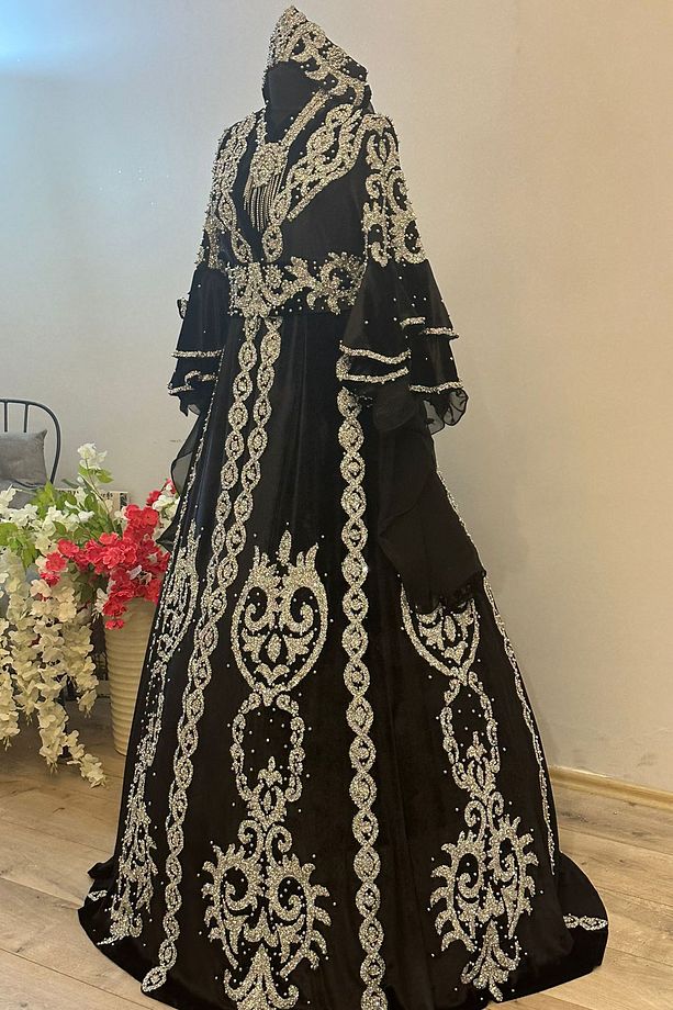Tesettür Bindallı Kaftan Kadife Gelin Kına Gecesi Elbisesi Bindallı Tacı, Kemer, Kolye, Tarlatan Set - 6