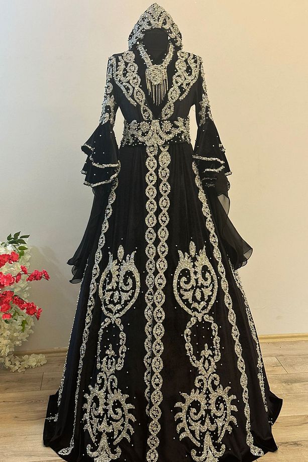 Tesettür Bindallı Kaftan Kadife Gelin Kına Gecesi Elbisesi Bindallı Tacı, Kemer, Kolye, Tarlatan Set - 1