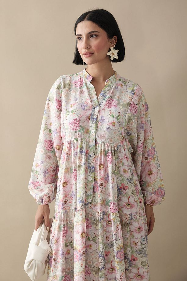 Nergis Çiçeği Pudra Mango Elbise - 4