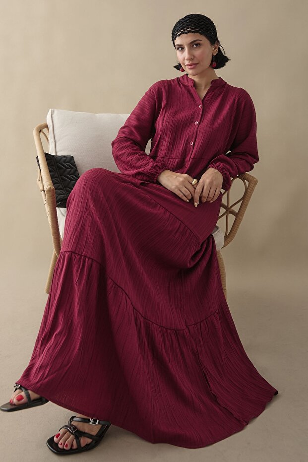 Casual Buttoned Brow Claret Red Dress