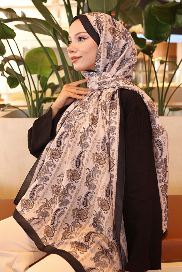 Ethnic Patterned Shawl Beige İpk115 - 1