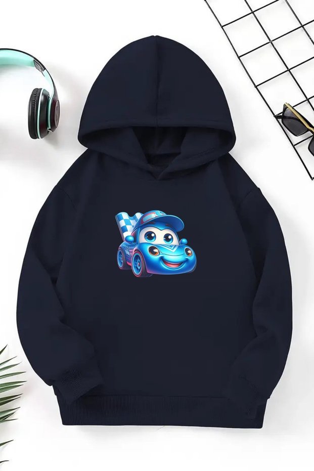 Unisex Navy Blue Children's Hooded Sweatshirt – Race Car, Printed Thick Fabric