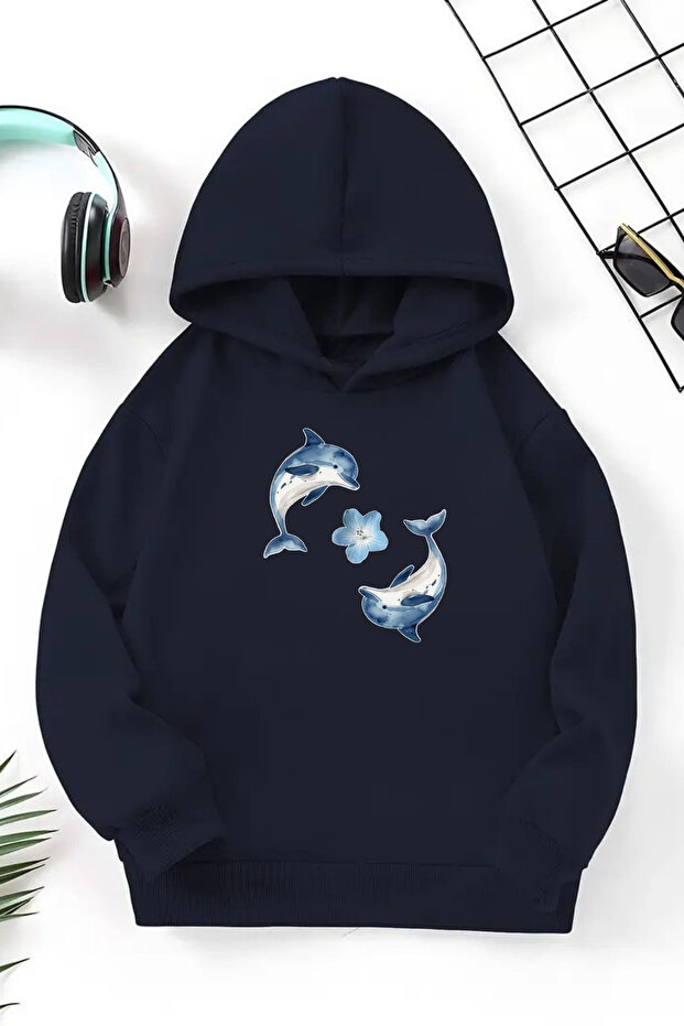 Unisex Navy Blue Children's Hooded Sweatshirt – Double Dolphin, Printed Thick Fabric