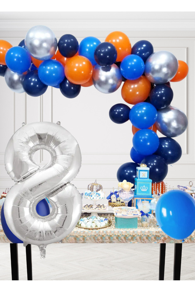 8 Year Old Cosmic Themed Birthday Set Cosmic Blue Orange Silver Blue Balloons Silver Foil Number