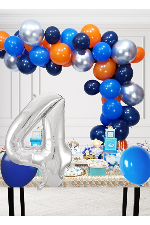 4 Year Old Cosmic Themed Birthday Set Cosmic Blue Orange Silver Blue Balloons Silver Foil Number