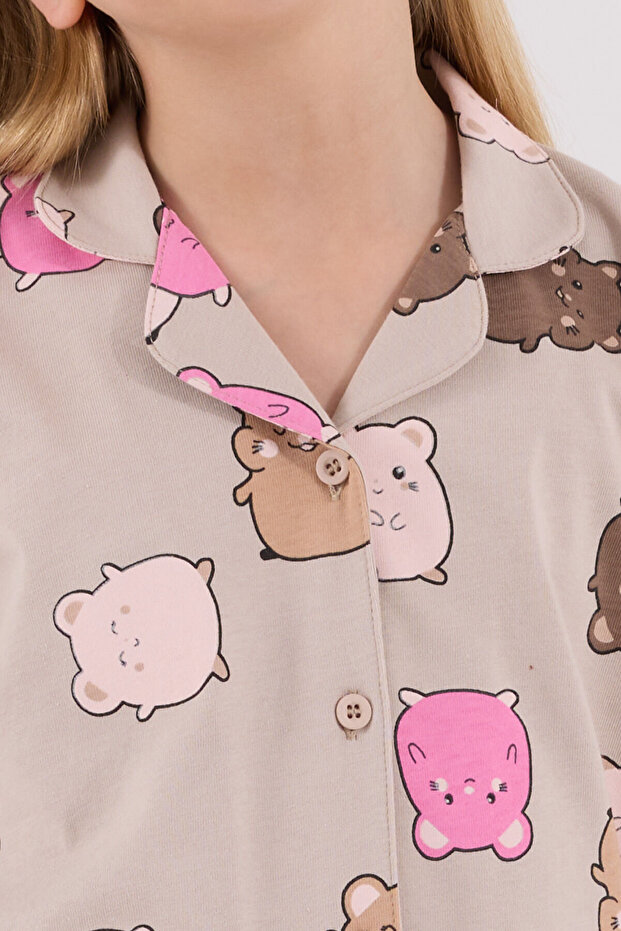Kız Çocuk Bej Gömlek Pijama Takımı - 6