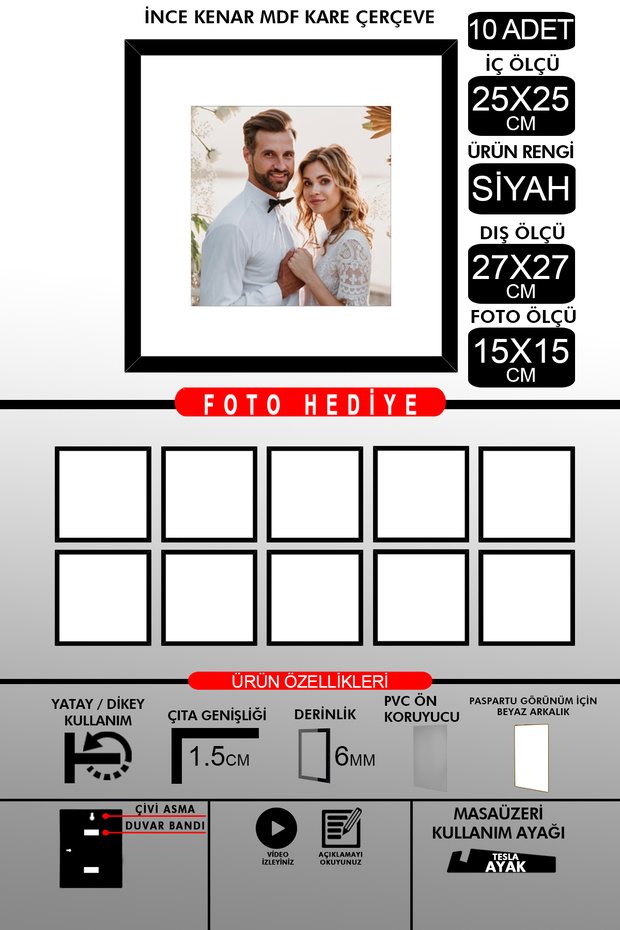 10 قطع بإطار 25x25 - إطار شرائح رفيع - إطار أسود - إطار مربع - إطار صورة