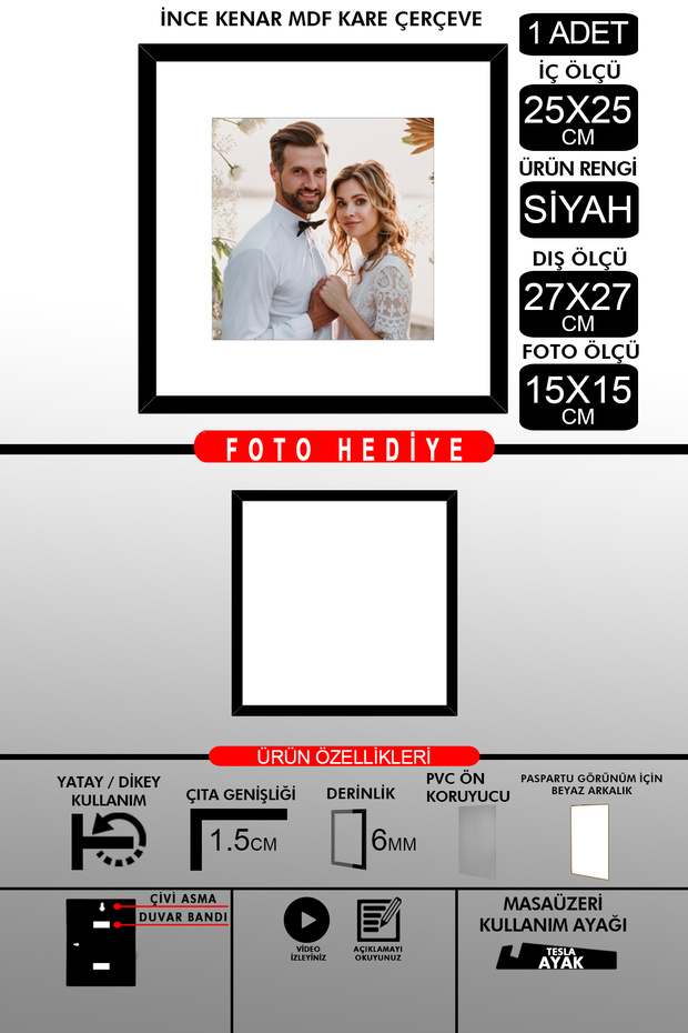 1 قطعة إطار 25x25 - إطار شرائح رفيع - إطار أسود - إطار مربع - إطار صورة