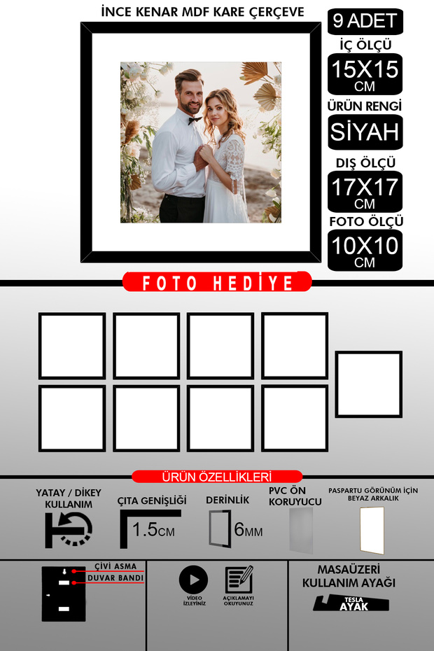 9 قطع بإطار 15x15 - إطار شرائح رفيع - إطار أسود - إطار مربع - إطار صورة