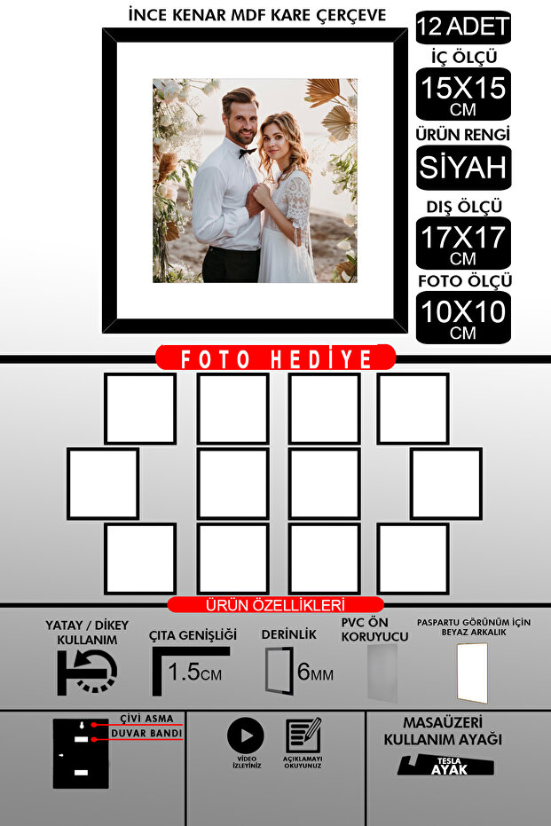 12 قطعة إطار 15x15 - إطار شرائح رفيع - إطار أسود - إطار مربع - إطار صور
