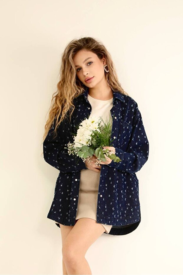 Suede Style 5563 - Elişi Süslemeli Rahat Şık Kadın Kot Ceket