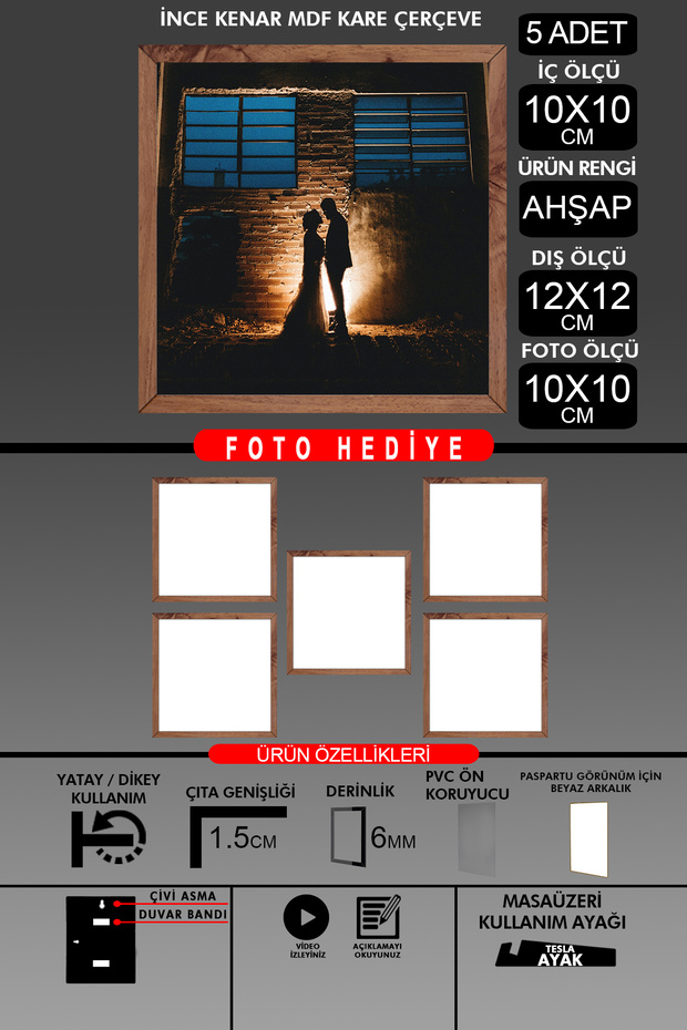 5 قطع إطار 10X10 - إطار شرائح رفيع - إطار خشبي - إطار مربع - إطار صور