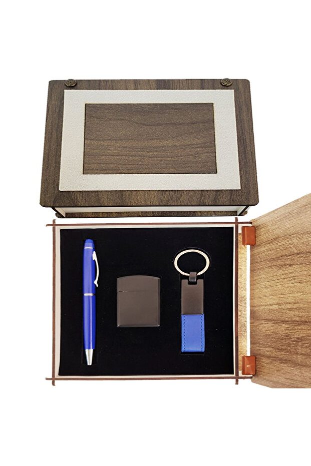 Dark Blue Pen Keychain and Lighter Set with Special Wooden Box