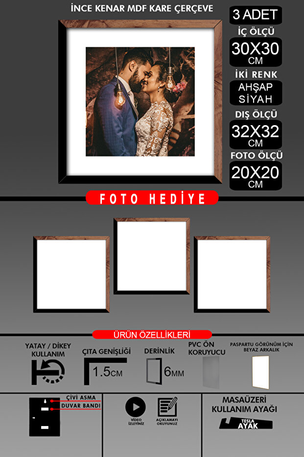 3 قطع إطار 30x30 - إطار شرائح رفيع - لونان خشب أسود - إطار صور مربع