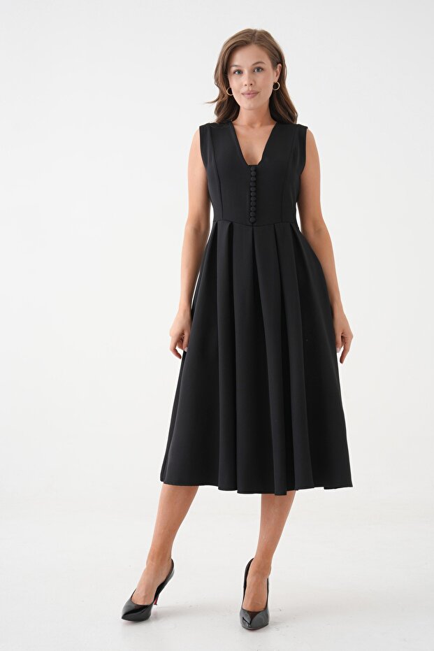 Women's V Neck Button Design Sleeveless Black Midi Evening Dress 2182