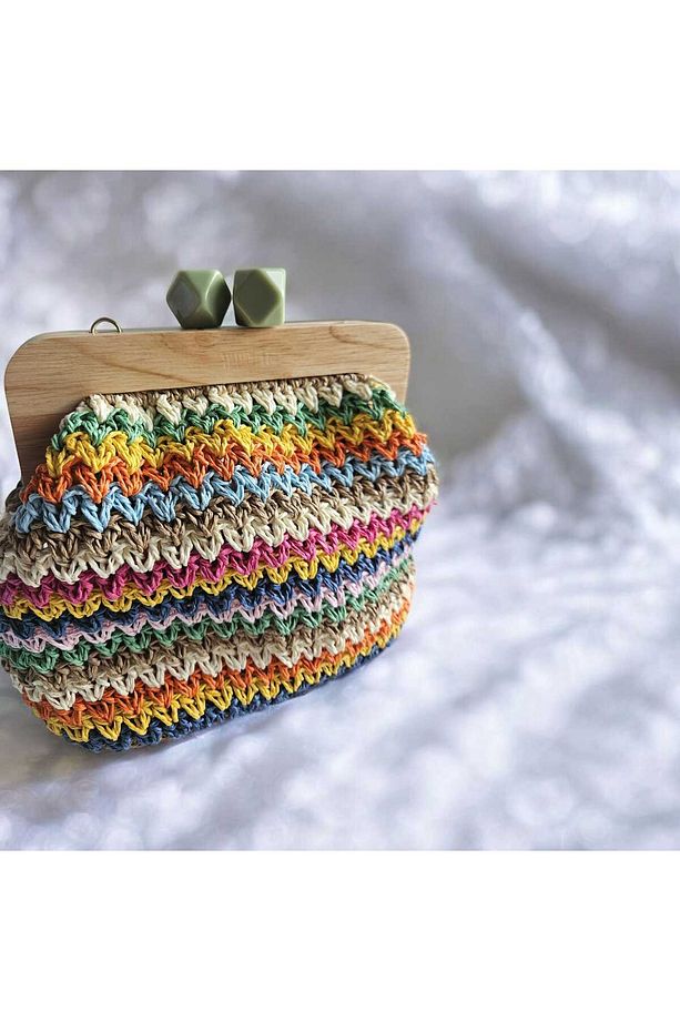 Renkli Desen Tasarım El Örgüsü Omuz Çantası Astarlı, Ahşap Saplı, Zincirli Handmade Clutch - 7