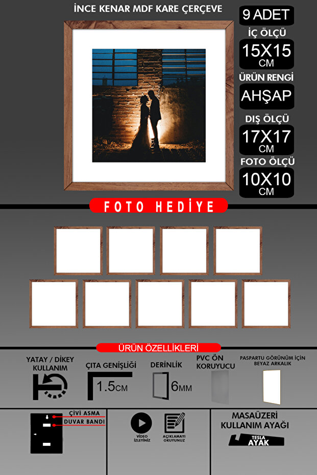 9 قطع بإطار 15x15 - إطار شرائح رفيع - إطار خشبي - إطار مربع - إطار صورة