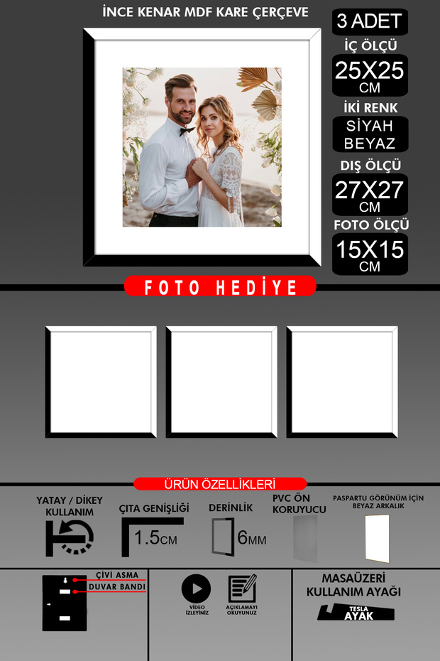 3 قطع بإطار 25 × 25 - إطار ذو شرائح رفيعة - لونان أسود وأبيض - إطار صور مربع