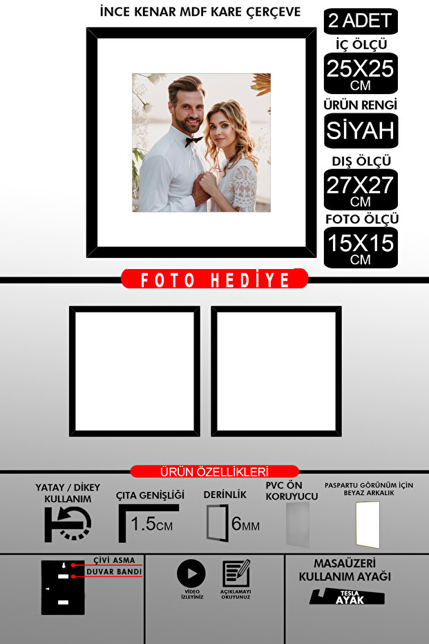 2 قطعة إطار 25x25 - إطار شرائح رفيع - إطار أسود - إطار مربع - إطار صور