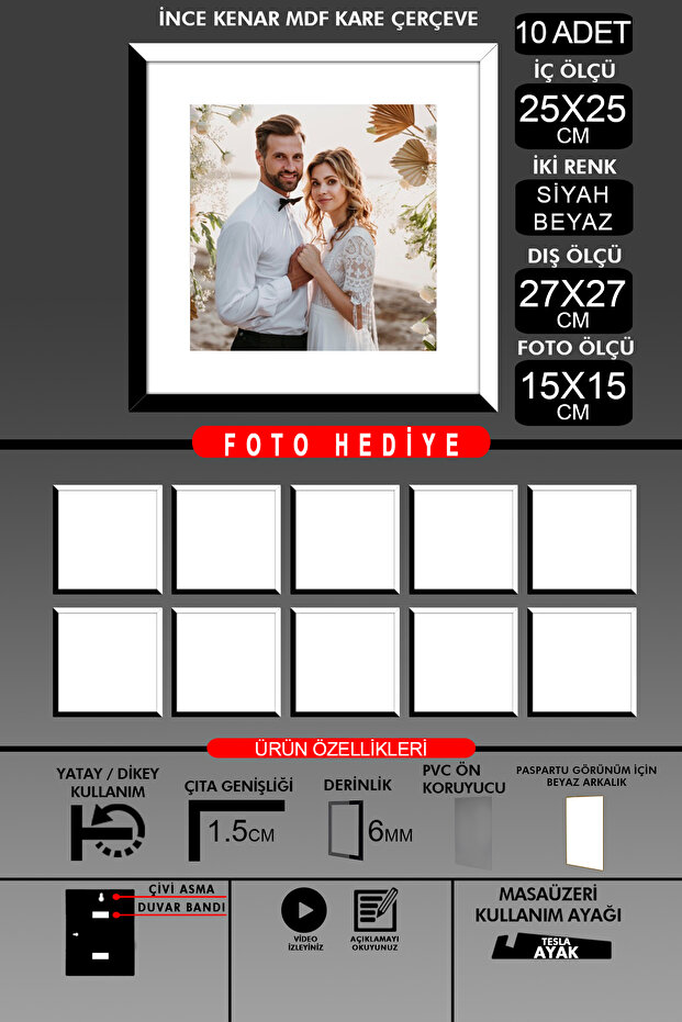 10 قطع بإطار 25 × 25 - إطار شرائح رفيع - لونان أسود وأبيض - إطار صور مربع