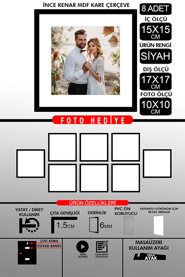 8 قطع بإطار 15x15 - إطار شرائح رفيع - إطار أسود - إطار مربع - إطار صور