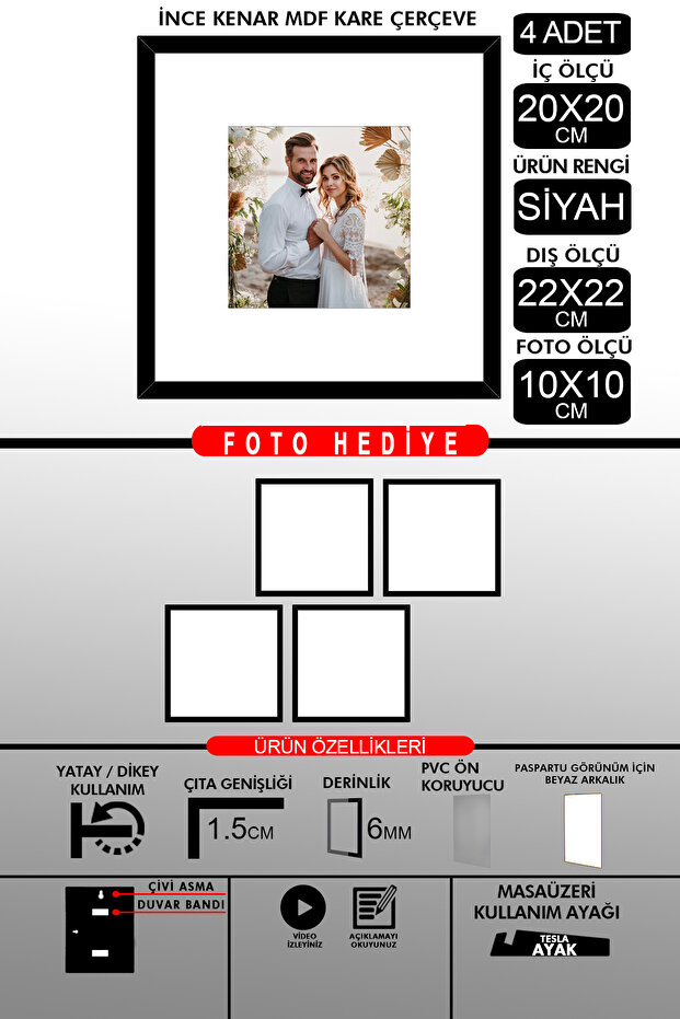 4 قطع إطار 20x20 - إطار شرائح رفيع - إطار أسود - إطار مربع - إطار صور