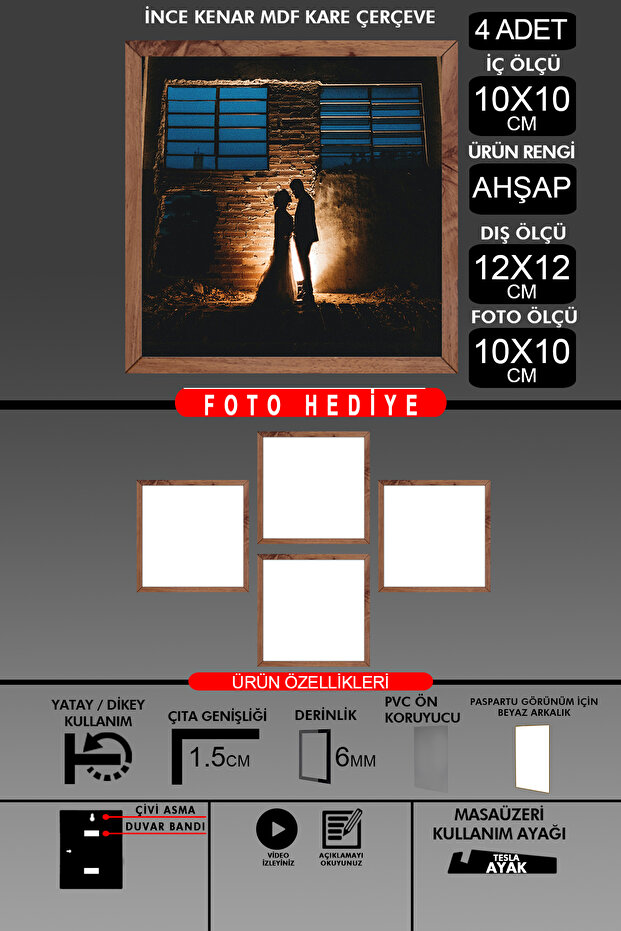 4 قطع إطار 10X10 - إطار شرائح رفيع - إطار خشبي - إطار مربع - إطار صور
