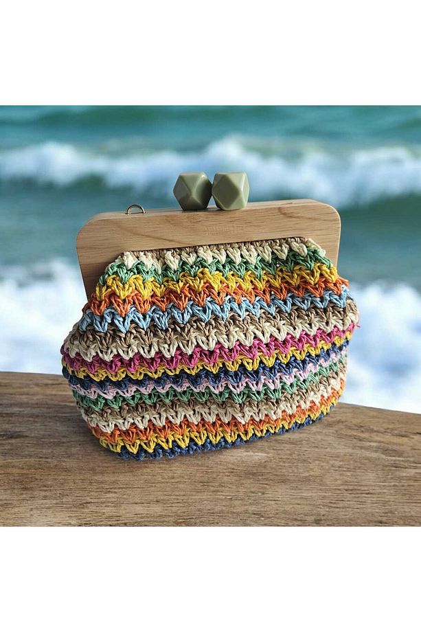 Renkli Desen Tasarım El Örgüsü Omuz Çantası Astarlı, Ahşap Saplı, Zincirli Handmade Clutch - 8