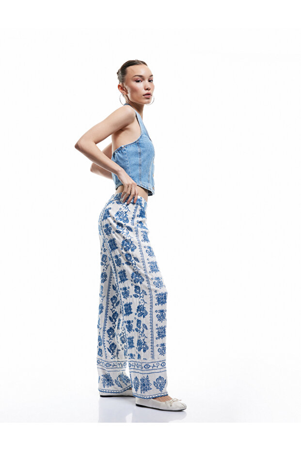 Floral Wide Leg Viscose Trousers with Elastic Waist