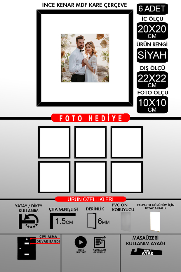 6 قطع إطار 20x20 - إطار شرائح رفيع - إطار أسود - إطار مربع - إطار صورة